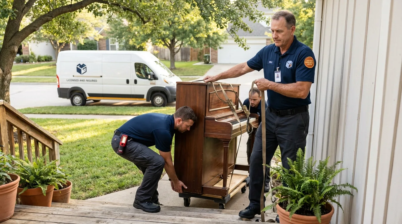 Licensed piano movers securing grand piano in Westchester, IL