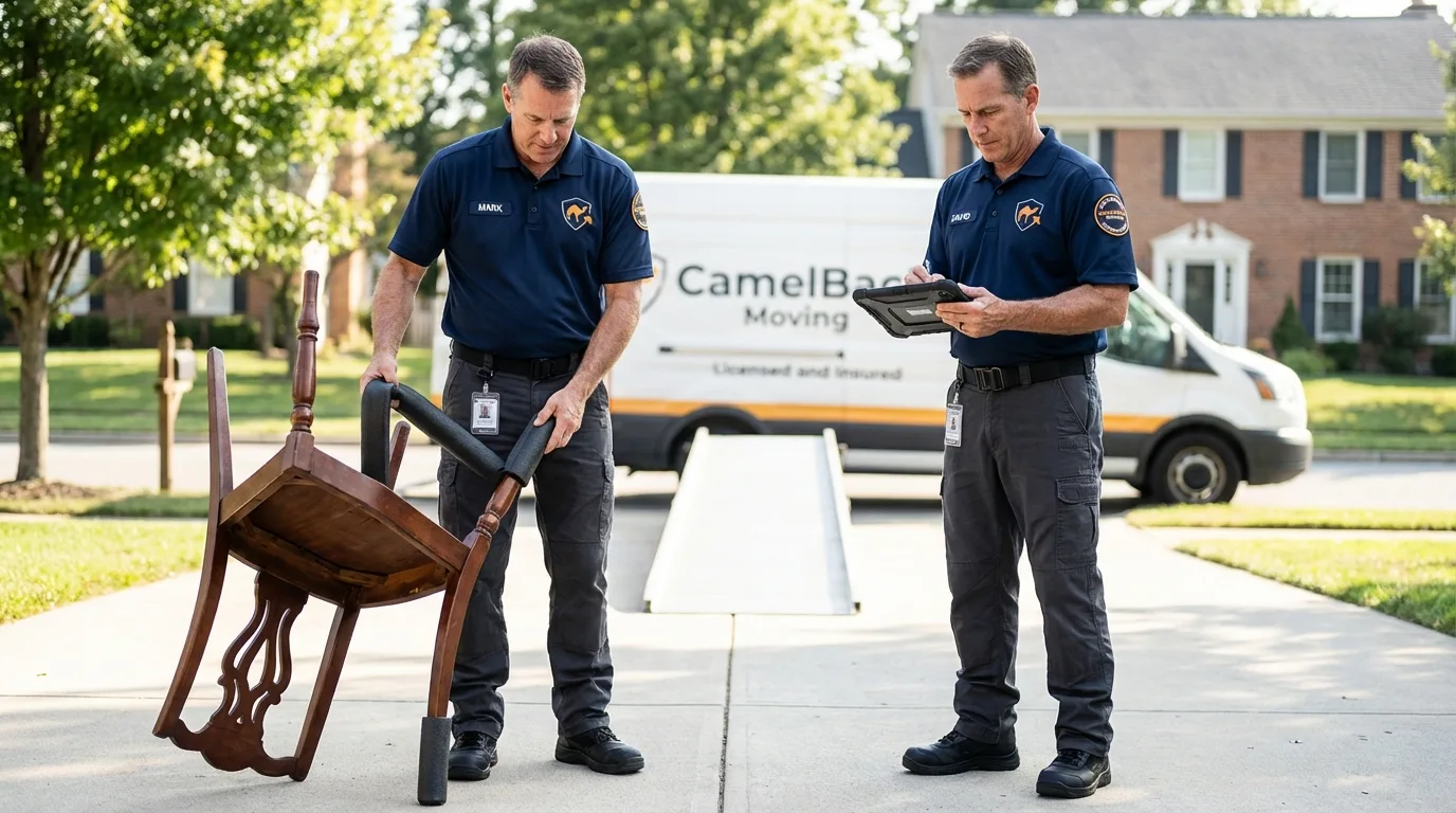 Movers inspecting furniture for damage prevention before loading in Westchester, IL