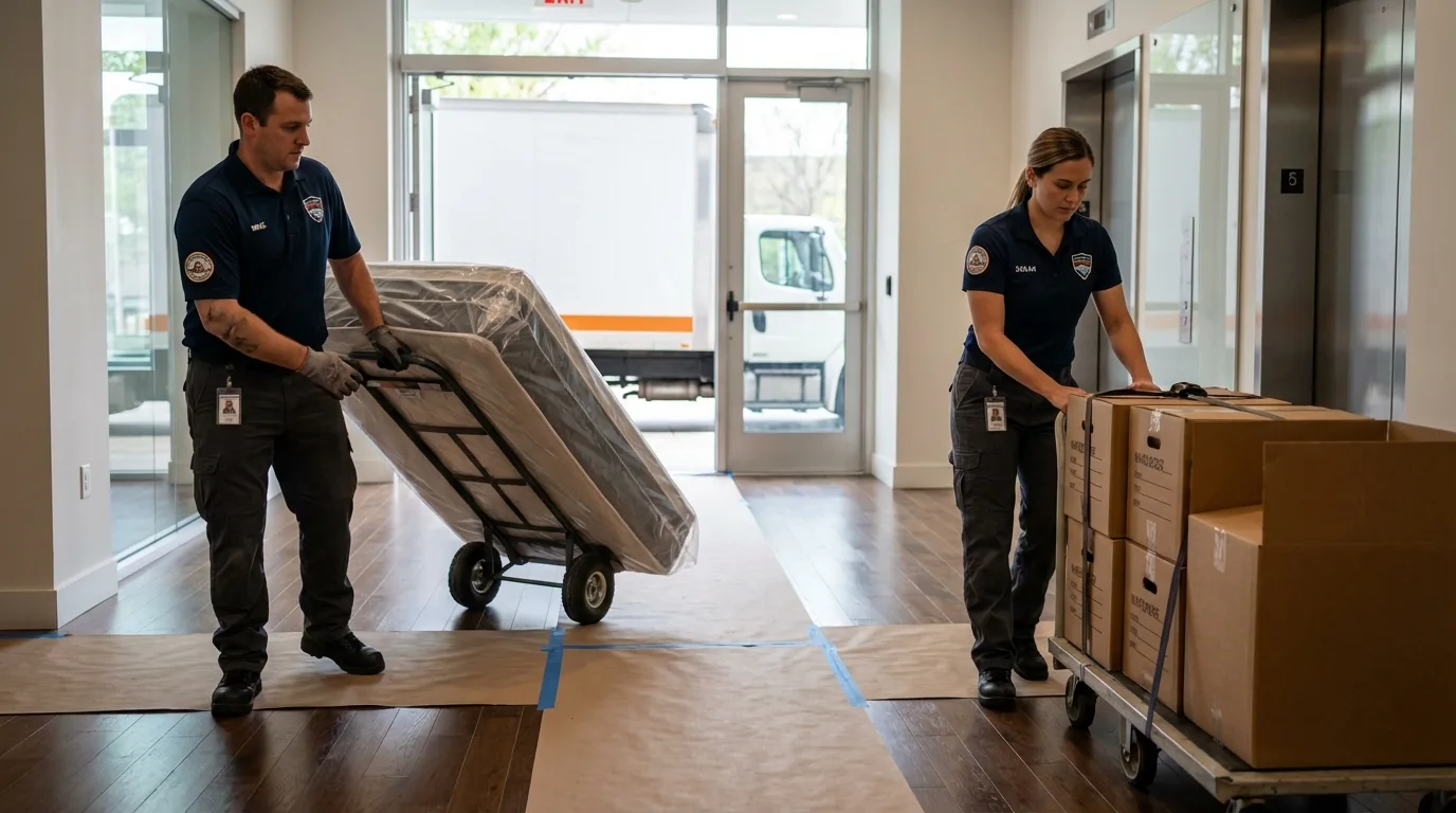 Professional apartment movers loading elevator in Westchester, IL